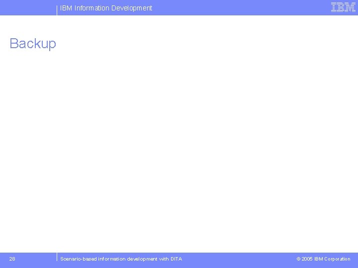 IBM Information Development Backup 28 Scenario-based information development with DITA © 2005 IBM Corporation