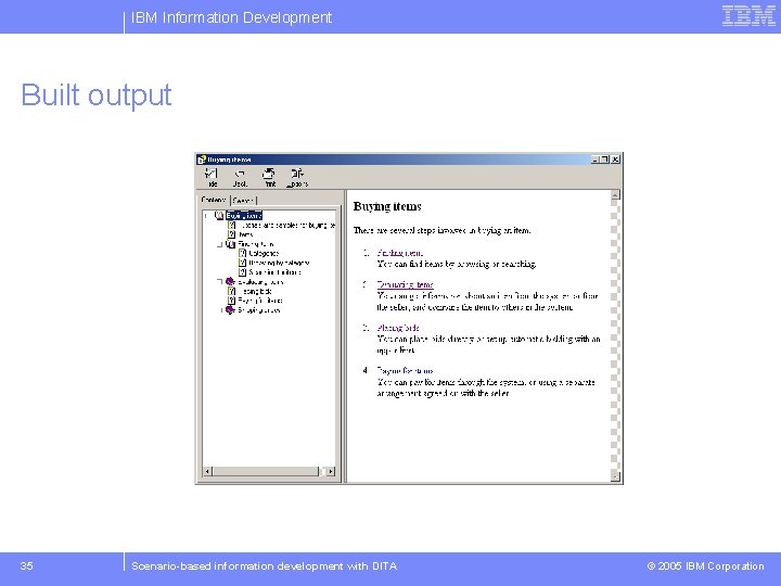 IBM Information Development Built output 35 Scenario-based information development with DITA © 2005 IBM