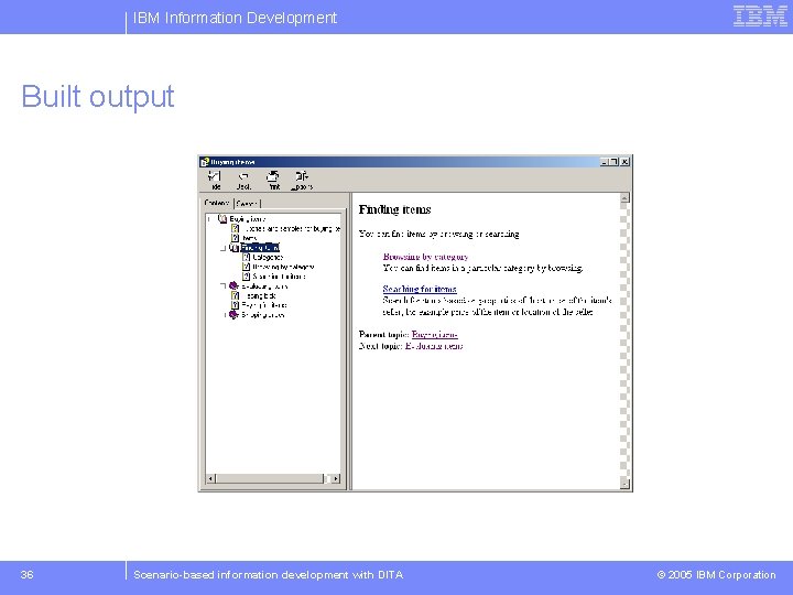 IBM Information Development Built output 36 Scenario-based information development with DITA © 2005 IBM
