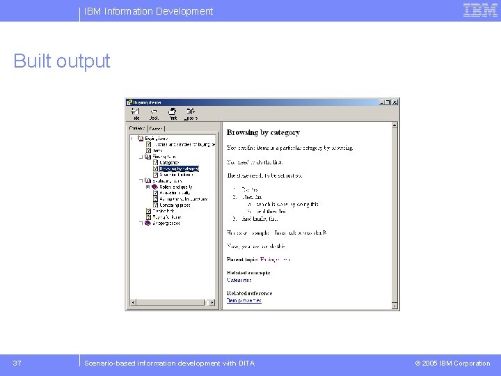 IBM Information Development Built output 37 Scenario-based information development with DITA © 2005 IBM