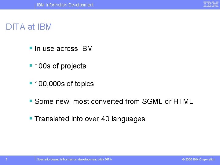 IBM Information Development DITA at IBM § In use across IBM § 100 s