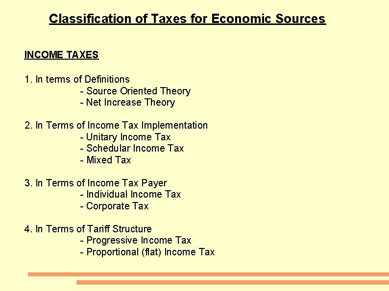 Classification of Taxes for Economic Sources INCOME TAXES 1. In terms of Definitions -