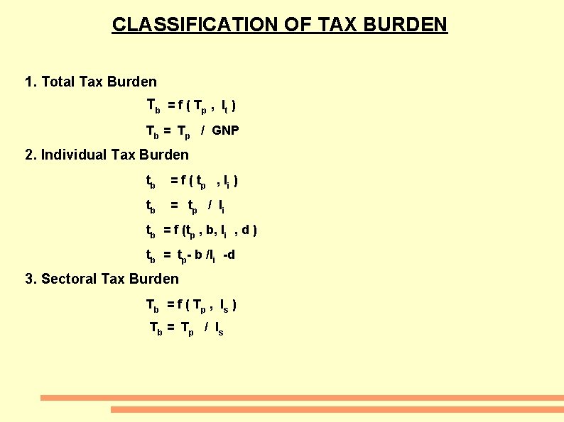 CLASSIFICATION OF TAX BURDEN 1. Total Tax Burden Tb = f ( Tp ,