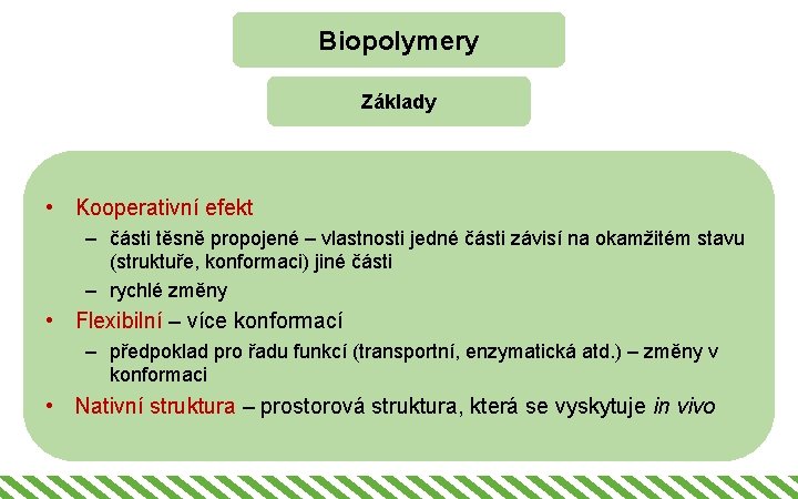 Biopolymery Základy • Kooperativní efekt – části těsně propojené – vlastnosti jedné části závisí