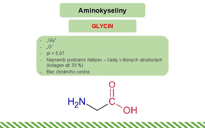Aminokyseliny GLYCIN - „Gly“ „G“ p. I = 5, 97 Nejmenší postranní řetězec –