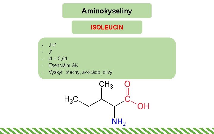 Aminokyseliny ISOLEUCIN - „Ile“ „I“ p. I = 5, 94 Esenciální AK Výskyt: ořechy,