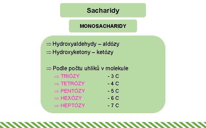Sacharidy MONOSACHARIDY Þ Hydroxyaldehydy – aldózy Þ Hydroxyketony – ketózy Þ Podle počtu uhlíků