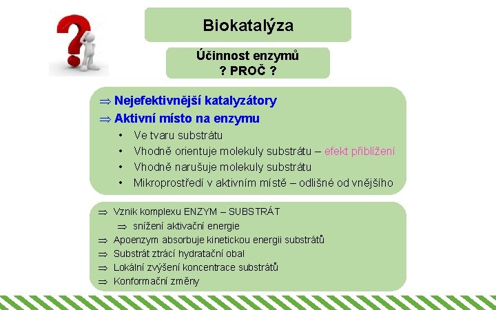 Biokatalýza Účinnost enzymů ? PROČ ? Þ Nejefektivnější katalyzátory Þ Aktivní místo na enzymu