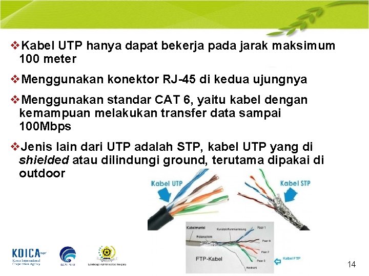 v. Kabel UTP hanya dapat bekerja pada jarak maksimum 100 meter v. Menggunakan konektor