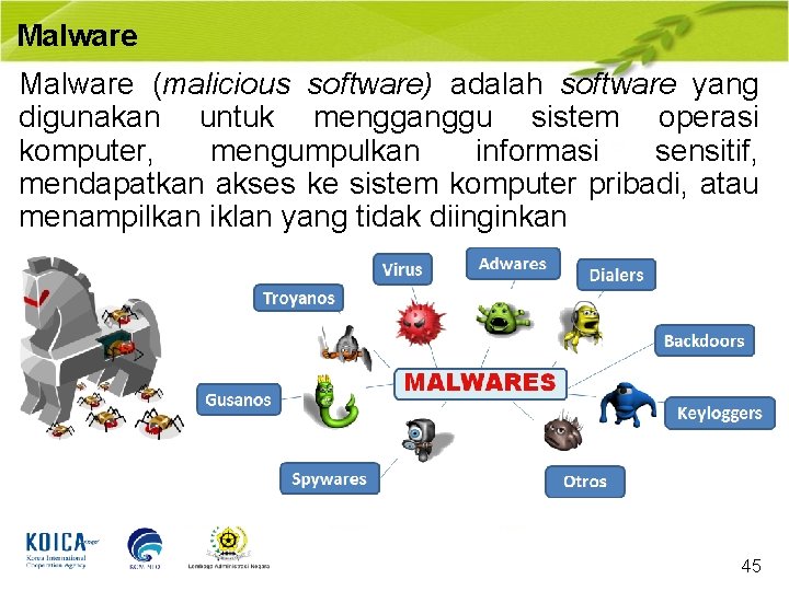 Malware (malicious software) adalah software yang digunakan untuk mengganggu sistem operasi komputer, mengumpulkan informasi
