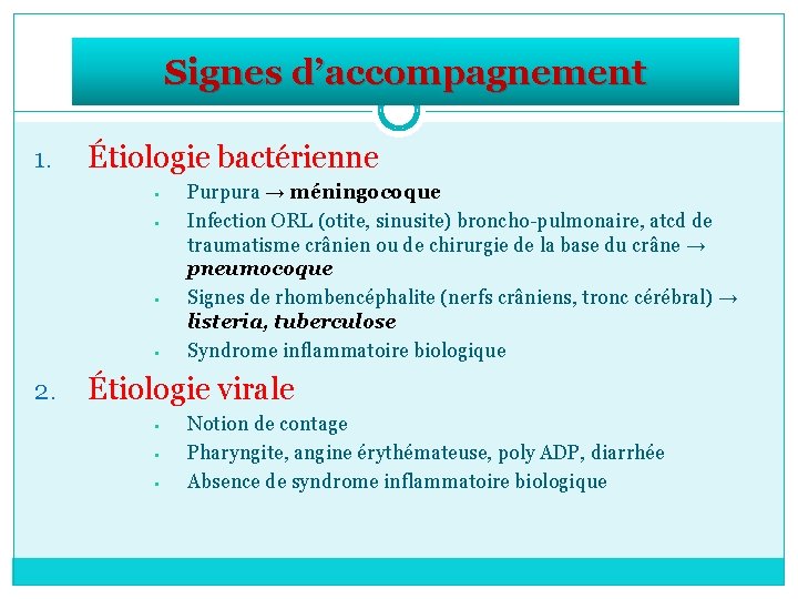 Signes d’accompagnement 1. Étiologie bactérienne • • 2. Purpura → méningocoque Infection ORL (otite,