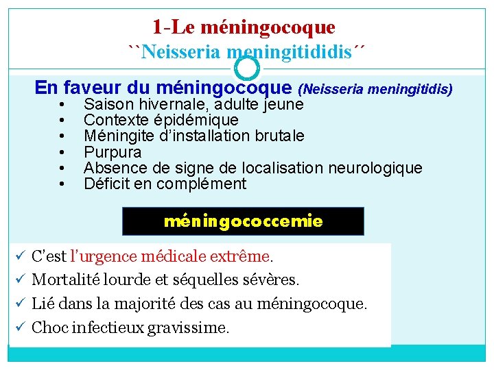 1 -Le méningocoque ``Neisseria meningitididis´´ En faveur du méningocoque (Neisseria meningitidis) • • •