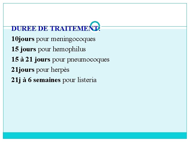DUREE DE TRAITEMENT: 10 jours pour meningocoques 15 jours pour hemophilus 15 à 21