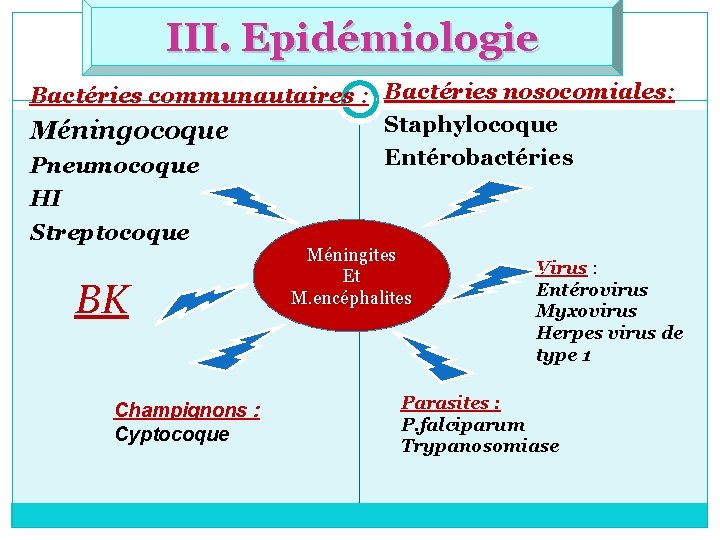 III. Epidémiologie Bactéries communautaires : Bactéries nosocomiales: Staphylocoque Méningocoque Entérobactéries Pneumocoque HI Streptocoque BK
