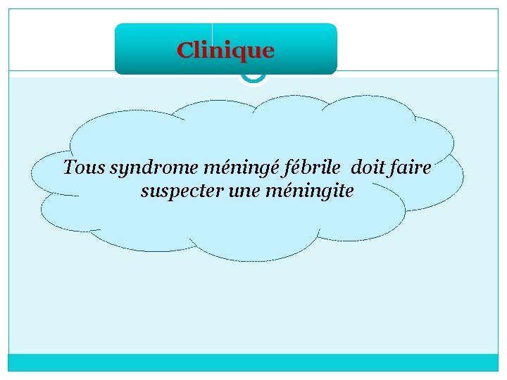 Clinique Tous syndrome méningé fébrile doit faire suspecter une méningite 