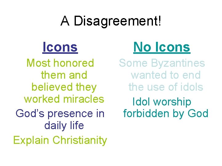 A Disagreement! Icons No Icons Most honored them and believed they worked miracles God’s