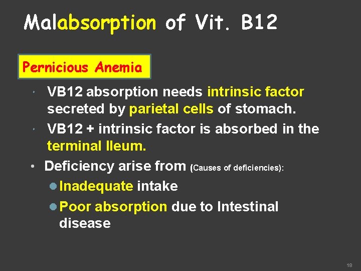 Malabsorption of Vit. B 12 Pernicious Anemia VB 12 absorption needs intrinsic factor secreted