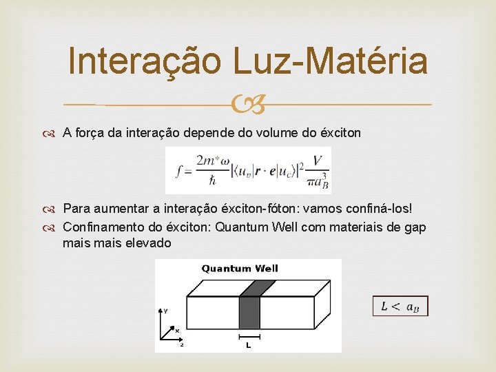 Interação Luz-Matéria A força da interação depende do volume do éxciton Para aumentar a