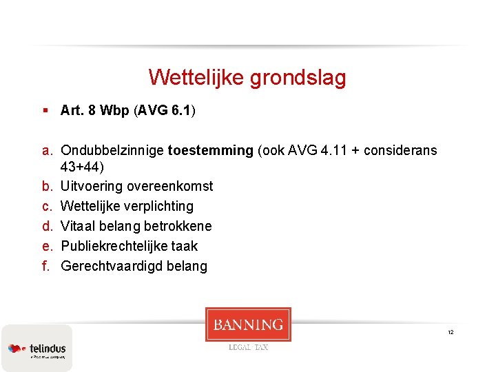 Wettelijke grondslag § Art. 8 Wbp (AVG 6. 1) a. Ondubbelzinnige toestemming (ook AVG