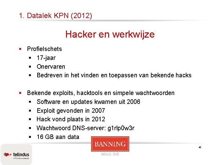 1. Datalek KPN (2012) Hacker en werkwijze § Profielschets § 17 -jaar § Onervaren