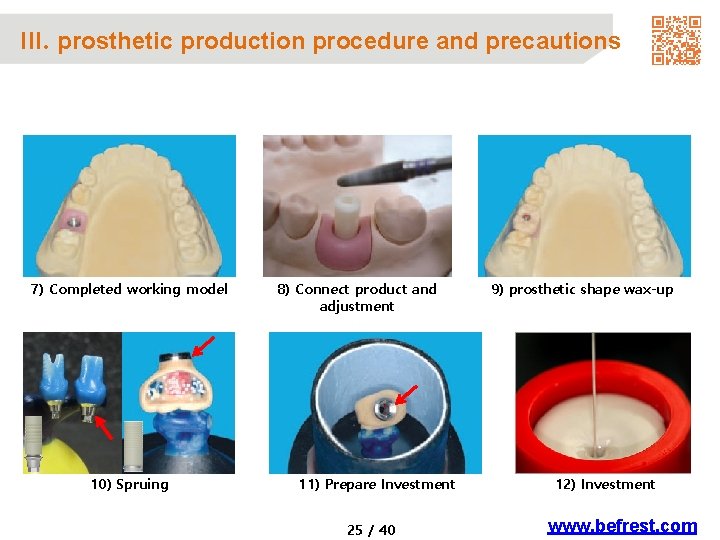 III. prosthetic production procedure and precautions 7) Completed working model 10) Spruing 8) Connect