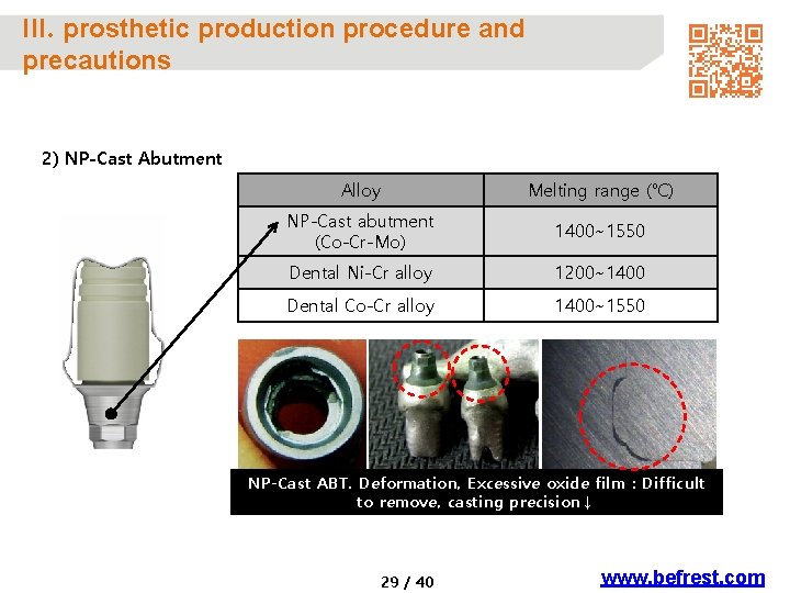 III. prosthetic production procedure and precautions 2) NP-Cast Abutment Alloy Melting range (℃) NP-Cast