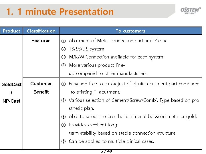 1. 1 minute Presentation Product Classification Features To customers ① Abutment of Metal connection