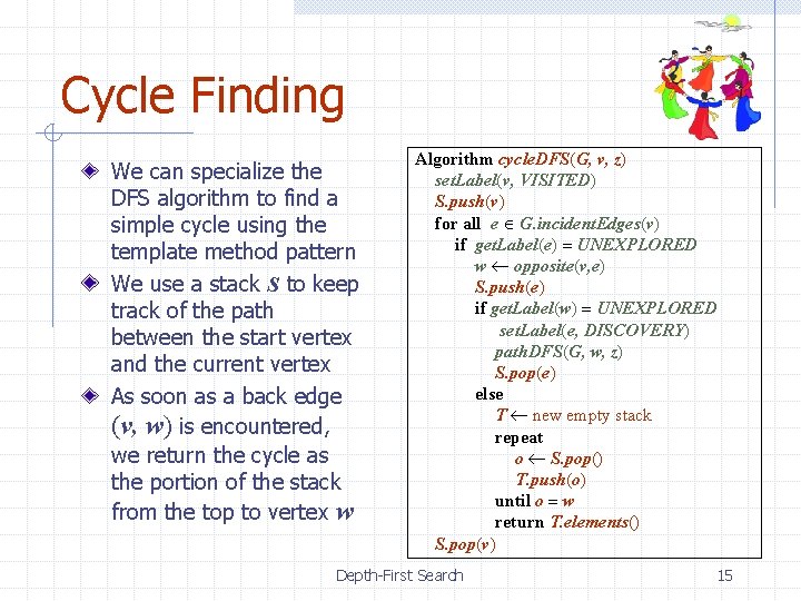 Cycle Finding We can specialize the DFS algorithm to find a simple cycle using