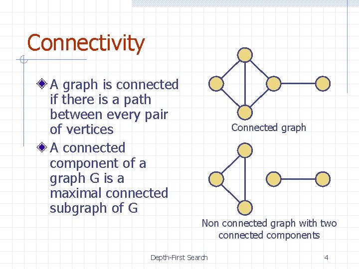 Connectivity A graph is connected if there is a path between every pair of
