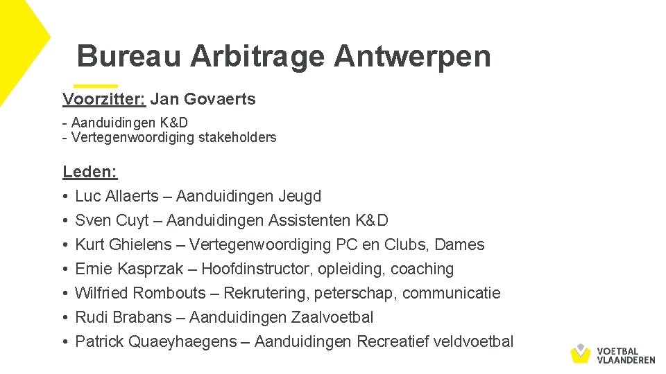 Bureau Arbitrage Antwerpen Voorzitter: Jan Govaerts - Aanduidingen K&D - Vertegenwoordiging stakeholders Leden: •