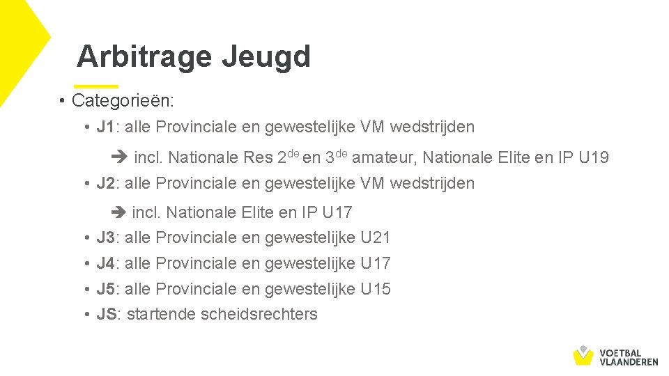Arbitrage Jeugd • Categorieën: • J 1: alle Provinciale en gewestelijke VM wedstrijden incl.