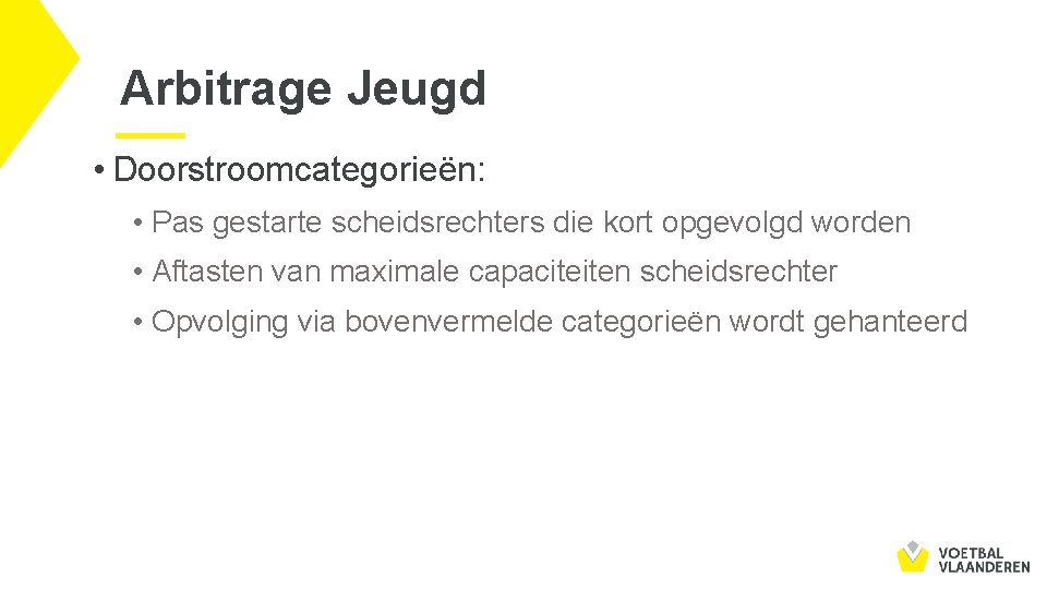 Arbitrage Jeugd • Doorstroomcategorieën: • Pas gestarte scheidsrechters die kort opgevolgd worden • Aftasten