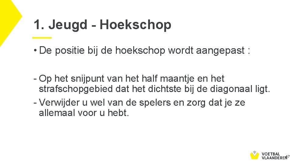 1. Jeugd - Hoekschop • De positie bij de hoekschop wordt aangepast : -