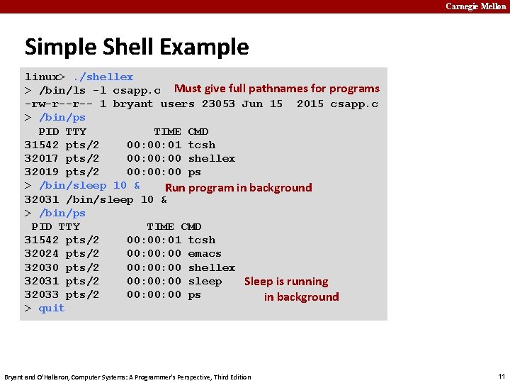 Carnegie Mellon Simple Shell Example linux>. /shellex > /bin/ls -l csapp. c Must give