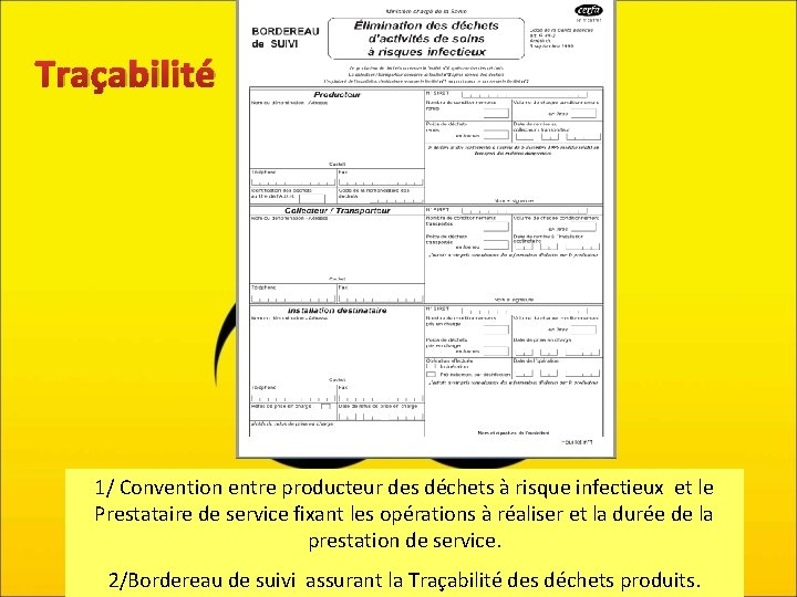 Traçabilité 1/ Convention entre producteur des déchets à risque infectieux et le Prestataire de