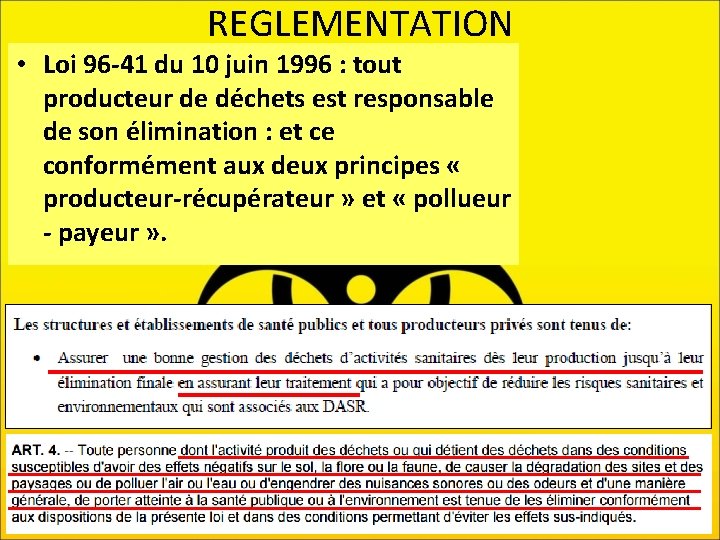 REGLEMENTATION • Loi 96 -41 du 10 juin 1996 : tout producteur de déchets