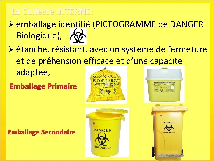 La Collecte INTERNE: Ø emballage identifié (PICTOGRAMME de DANGER Biologique), Ø étanche, résistant, avec