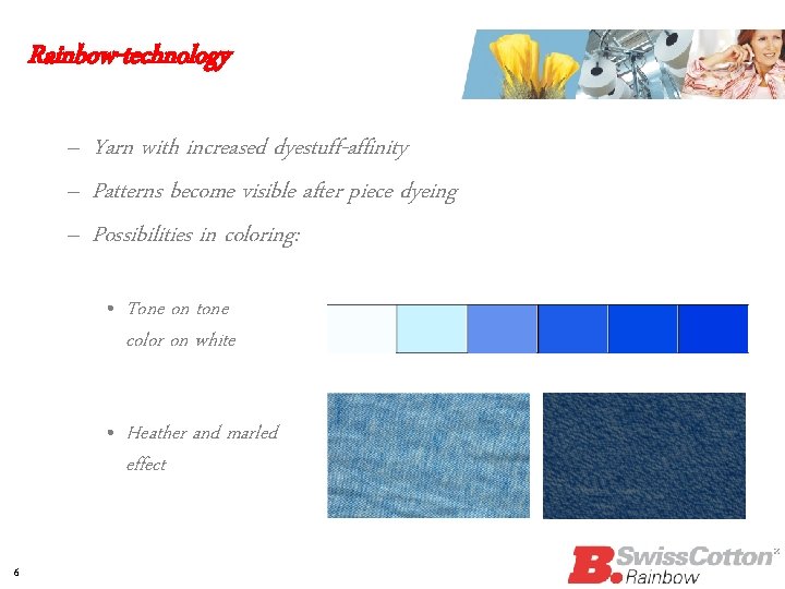 Rainbow-technology – Yarn with increased dyestuff-affinity – Patterns become visible after piece dyeing –