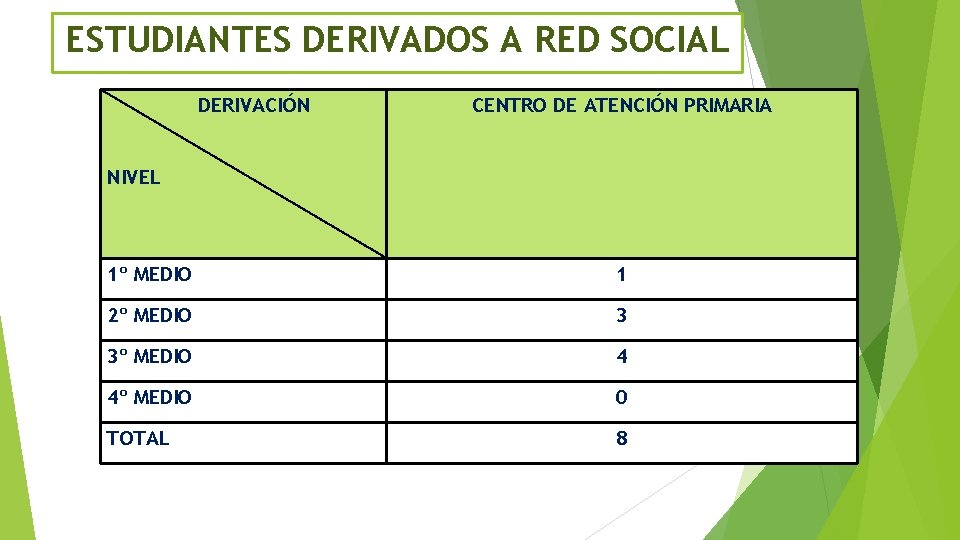 ESTUDIANTES DERIVADOS A RED SOCIAL DERIVACIÓN CENTRO DE ATENCIÓN PRIMARIA NIVEL 1º MEDIO 1
