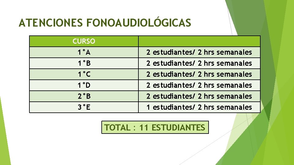 ATENCIONES FONOAUDIOLÓGICAS CURSO 1°A 1°B 1°C 1°D 2°B 3°E 2 2 2 1 estudiantes/