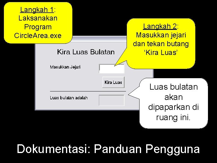 Langkah 1: Laksanakan Program Circle. Area. exe Langkah 2: Masukkan jejari dan tekan butang