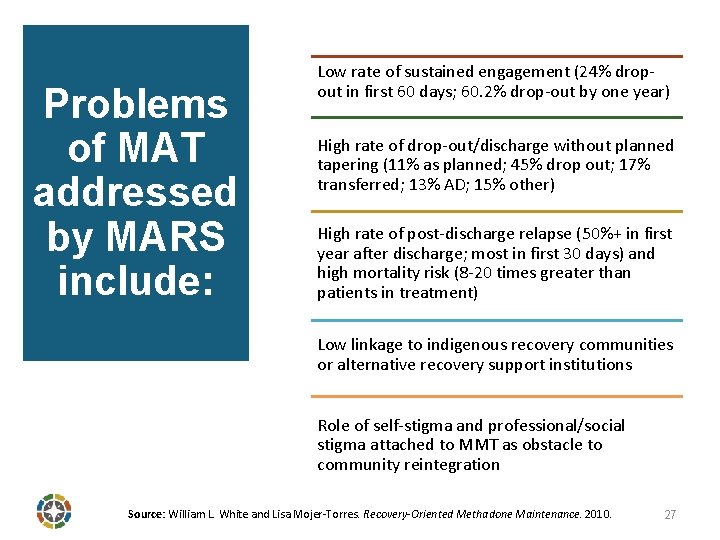 Problems of MAT addressed by MARS include: Low rate of sustained engagement (24% dropout