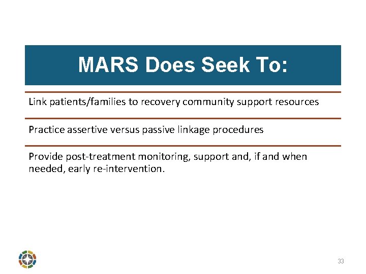 MARS Does Seek To: Link patients/families to recovery community support resources Practice assertive versus