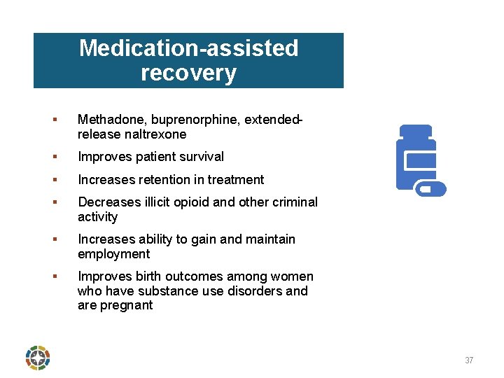 Medication-assisted recovery § Methadone, buprenorphine, extendedrelease naltrexone § Improves patient survival § Increases retention