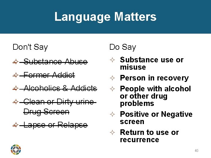 Language Matters Don't Say Do Say ² Substance Abuse ² Substance use or ²