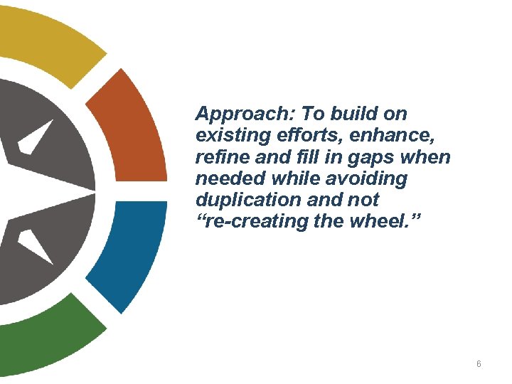 Approach: To build on existing efforts, enhance, refine and fill in gaps when needed
