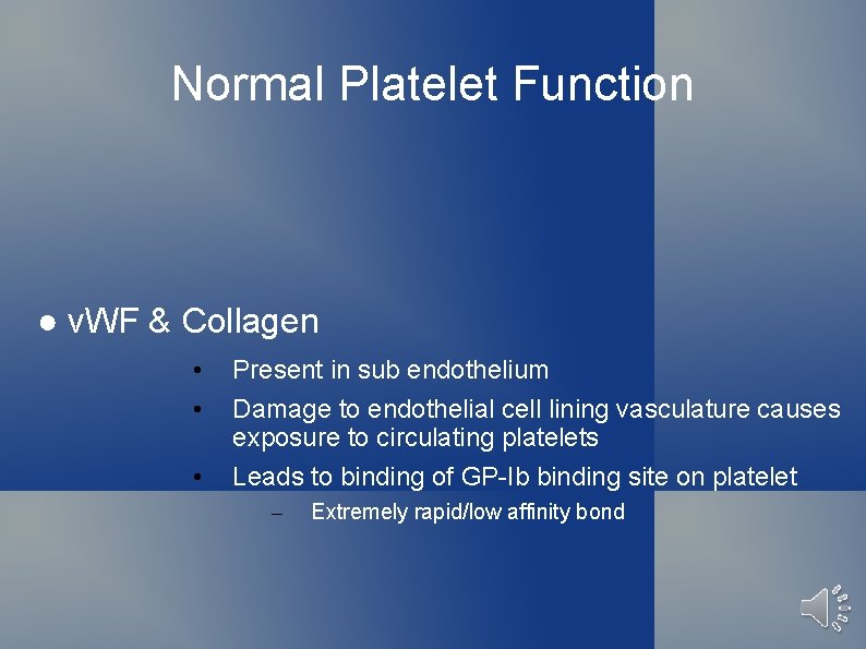 Normal Platelet Function ● v. WF & Collagen • • • Present in sub