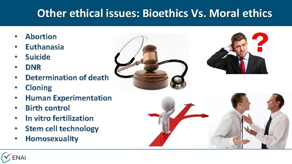 Other ethical issues: Bioethics Vs. Moral ethics • • • Abortion Euthanasia Suicide DNR