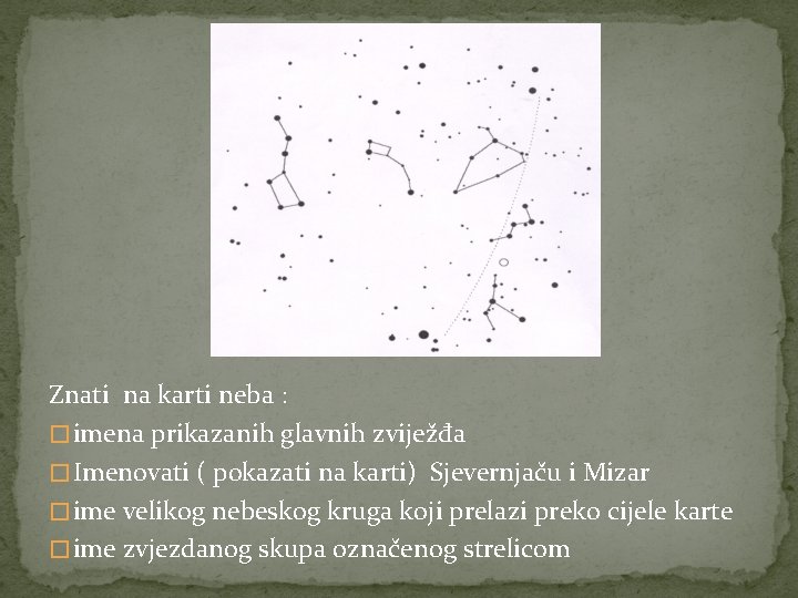 Znati na karti neba : � imena prikazanih glavnih zviježđa � Imenovati ( pokazati