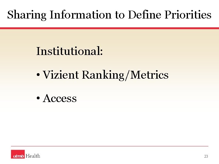 Sharing Information to Define Priorities Institutional: • Vizient Ranking/Metrics • Access 23 